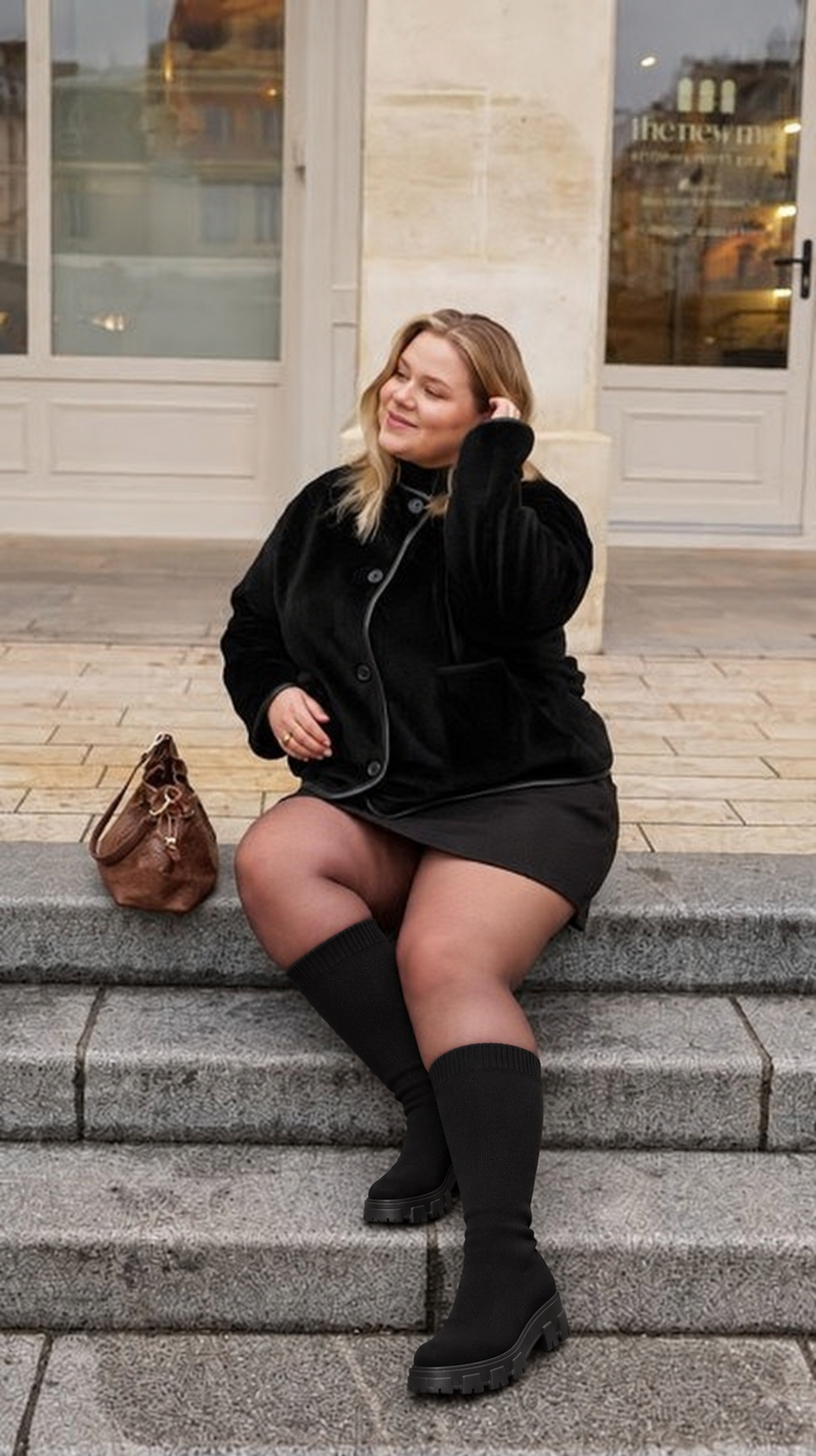 Essayage virtuel des bottes Calinia noires sur une femme assise aux mollets forts