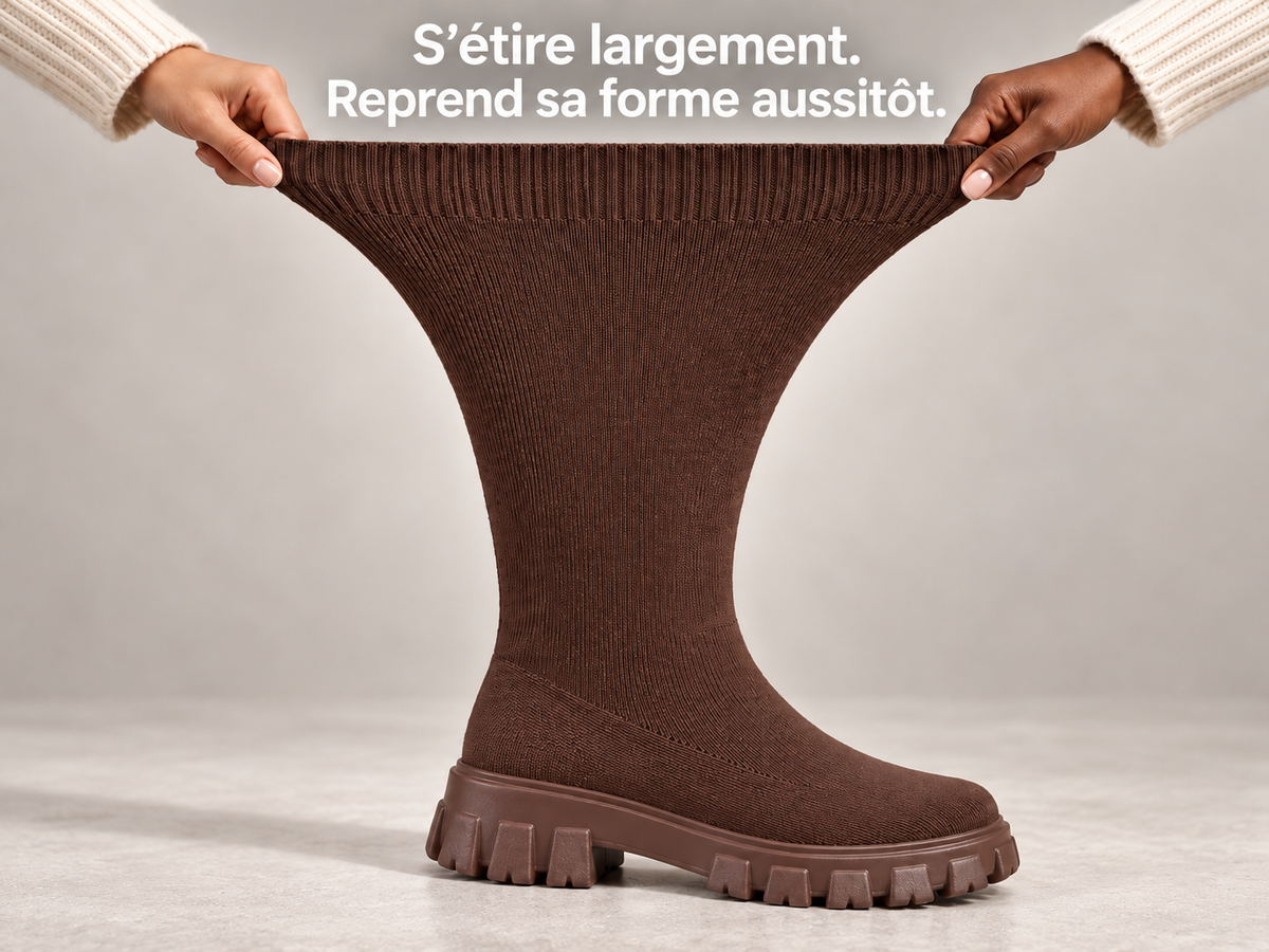 La maille extensible d’une botte Calinia marron étirée entre deux mains